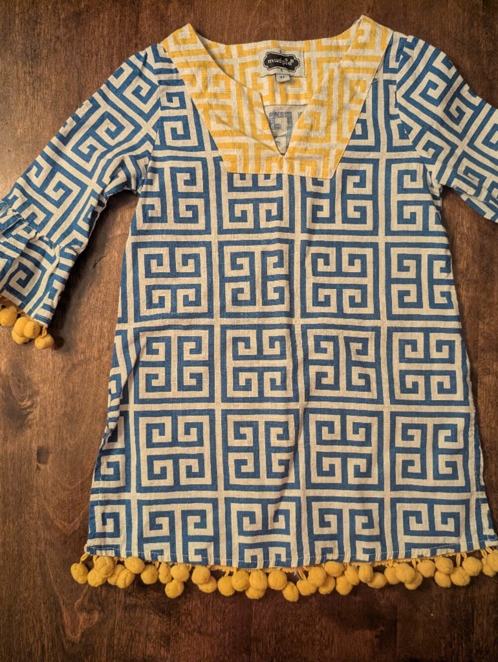 Mud Pie Yellow & Blue Geometric Pom Pom Dress/ Girls 4T